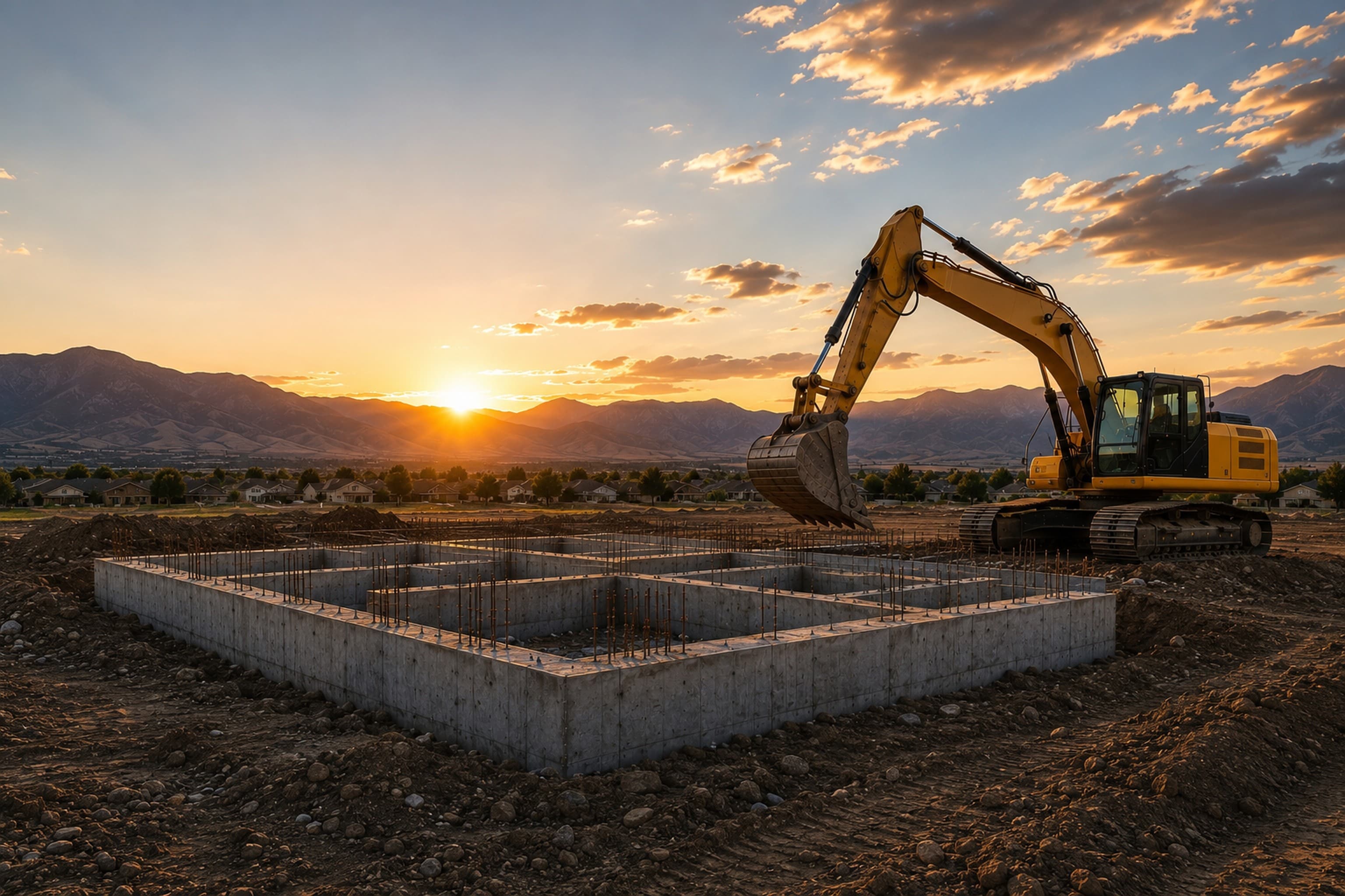 A DCE excavator working a residential foundation at sunset, the Yampa Valley and Rocky Mountains behind it